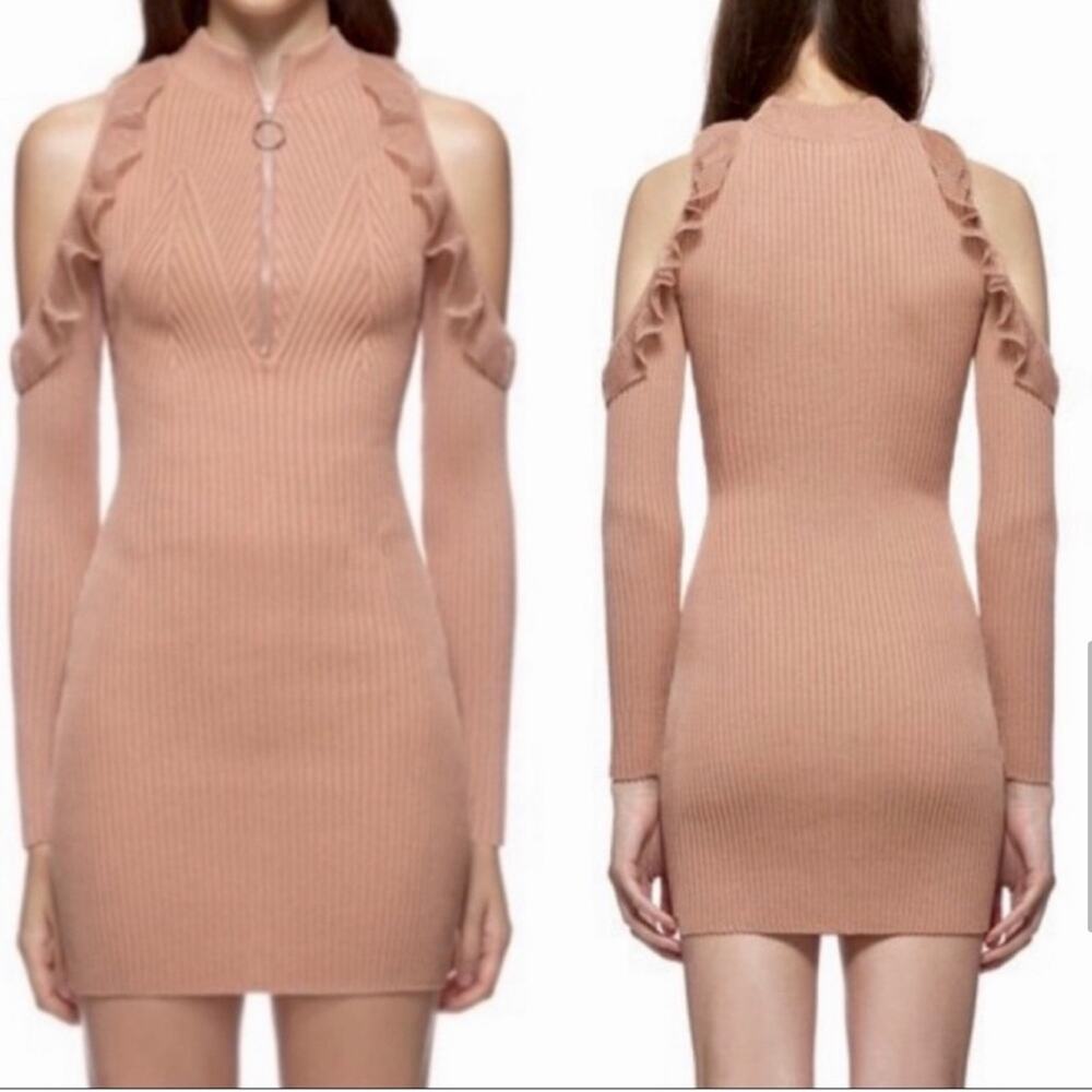 Self-Portrait Alina Knit Minidress ruffle zip neck tan Sz M
